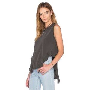 NSF Lea Pigment Black Raw Hemming Asymmetrical Destroyed Ruffled Sleeveless Tank